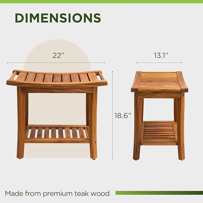 Premium 22" Teak Shower Bench with Handles, Waterproof Teak Shower Stool, Wooden Stool for Bathroom, Teak Wood Shower Seat Chair for Shower Storage Shelf, 300 Lbs Capacity