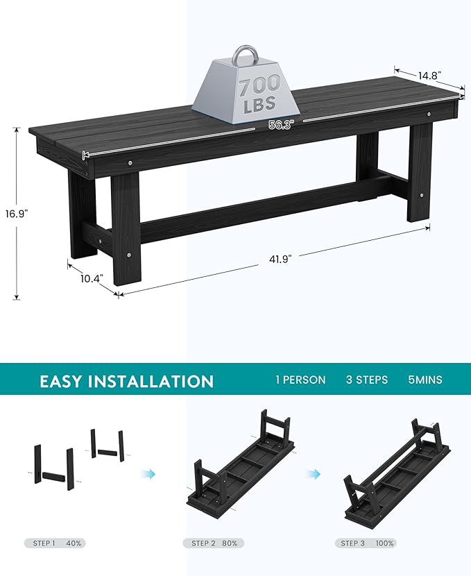 SERWALL Outdoor Dining Set for 6, HDPE Outdoor Furniture with Umbrella Hole & 1 Outdoor Bench & 4 Outdoor Dining Chairs, Black