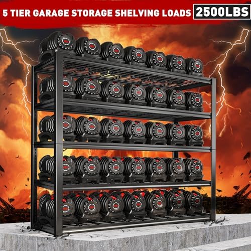 REIBII 48" W Garage Shelving Heavy Duty Load 2500LBS, 5 Tier Storage Shelves, Adjustable Metal Shelves for Warehouse, Pantry, Basement, 48" W X 72" H X18 D, 3PC