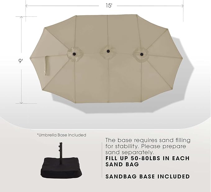 wikiwiki 15ft Large Patio Umbrellas with Base Included, Outdoor Double-Sided Umbrella with Crank Handle, Powerful UV Protective, for Pool Lawn Garden, Tan