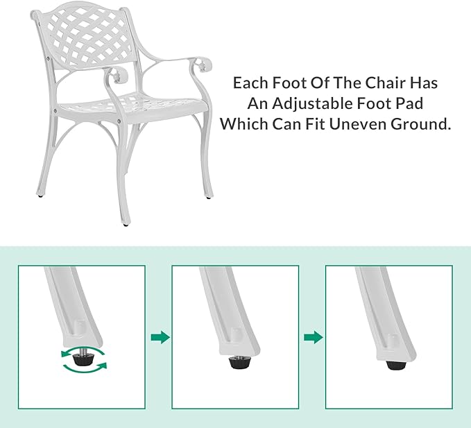 VIVIJASON 3-Piece Patio Furniture Dining Set, All-Weather Cast Aluminum Outdoor Bistro Set, Include 2 Dining Chairs and 31" Round Table w/ 2" Umbrella Hole for Balcony, Lawn, Garden, Backyard, White