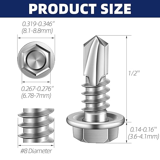 MewuDecor #8 x 1/2" Hex Washer Head Self Tapping Sheet Metal Screws with Drill Point, Stainless Steel 410, Self Drilling, 100 PCS