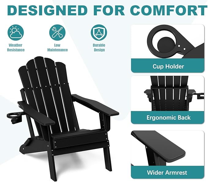 FOOWIN Adjustable Adirondack Chair, Folding Adirondack Chair with Cup Holder, HDPE All-Weather Fire Pit Chair with 3 Recline Positions, Suitable for Patio, Garden, Backyard, Poolside, Grey