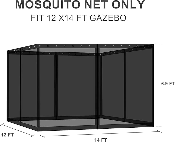BPS 12' x 14' Gazebo Universal Mosquito Netting Screen Replacement, 4-Panel Screen Walls with Double Zippers for Outdoor Patio, Black (Mosquito Net Only)