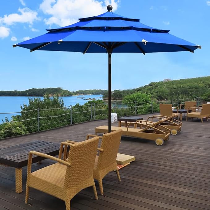 EliteShade USA 10-Year-Non-Fading 11Ft 3 Tiers Market Umbrella Patio Outdoor Cylinder Auto Push-up Table Umbrella with Ventilation, Royal Blue