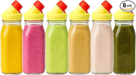 kitchentoolz Salad Dressing Shaker Bottle – 12oz Glass Bottle with Silicone Pour Spout and Tamper-Proof Lid for Sauces and Marinades - Pack of 6