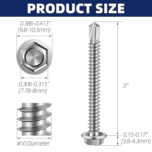 MewuDecor #10 x 3 (1/4" to 3" Available) Hex Washer Head Self Drilling Sheet Metal Screws with Drill Point, Stainless Steel 410, 50 PCS