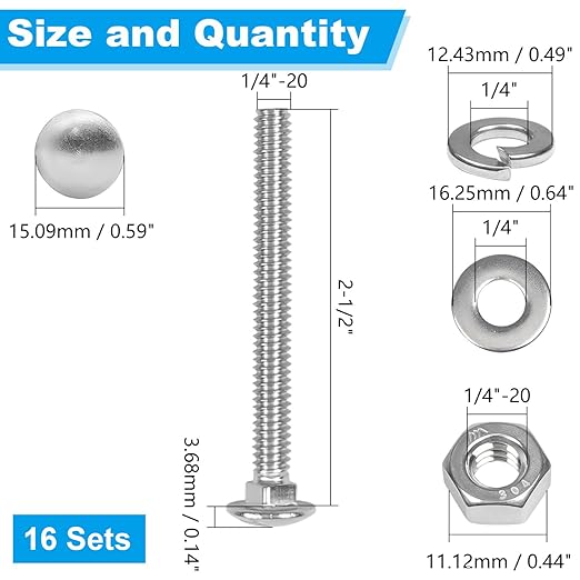Yinpecly 16 Sets 1/4-20 x 2-1/2" Carriage Bolts Screws, 304 Stainless Steel Round Head Square Neck Carriage Bolts and Nuts Kit, with Flat & Lock Washers, Full Thread Coverage