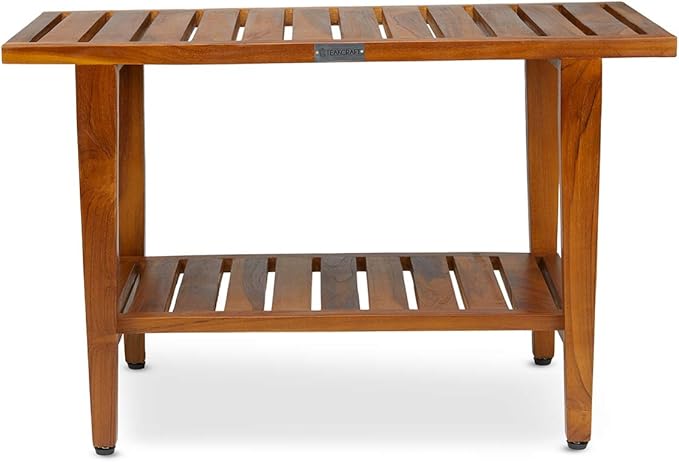 TeakCraft Teak Shower Bench with Shelf 30 inch Wood Spa & Shower Stool - Fully Assembled, The Liv