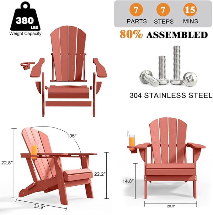 Folding Adirondack Chair with Cup Holders, HDPE Plastic Outdoor Chairs, Weather Resistant, Real Wood Look for Patio, Deck, Fire Pit, Backyard, Coral