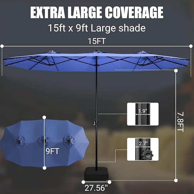 LEVELEVE 15FT Large Patio Patio Umbrella with Base & Solar LED Lights - Double-Sided,Blue