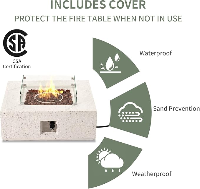 COSIEST 35-inch Square Outdoor Sandstone Propane Fire Pit w Wind Guard and Side Table, Certified, 50,000 BTU Stainless Steel Burner, Free Lava Rocks and Rain Cover, Metal Lid(Beige)