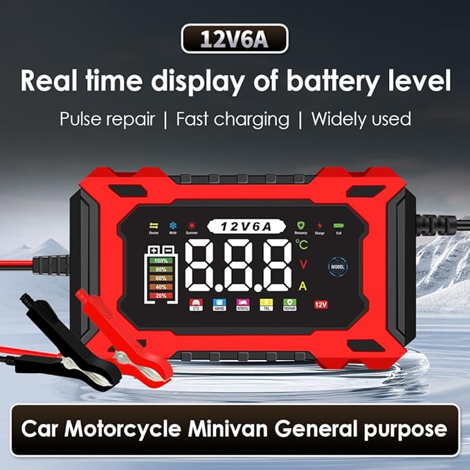 12V 6A Smart Battery Charger - Automotive Car/Motorcycle 12V Lead-Acid Battery Charger with LCD, Pulse Repair & Overcharge Protection (Green)