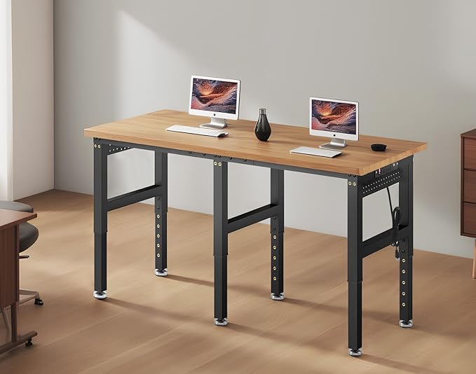 72” Heavy Duty Workbench, 5000 LBS Capacity Adjustable Work Bench with Pegboard and Power Outlet, Rubber Wood Work Table for Garage, Office, Workshop, Home