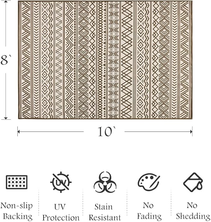 Outdoor Rug Carpet 8x10 ft, Flatweave Textured Outdoor Patio Rug Non Slip Indoor Outdoor Rugs with Rubber Particles Backing Boho Outdoor Area Rug for Patio Deck Front Porch Backyard Balcony, Brown