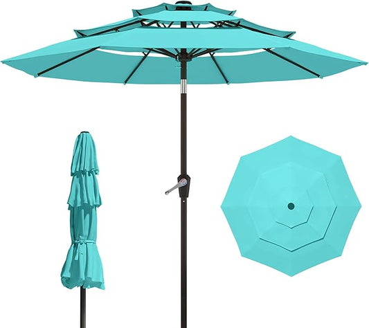 9FT 3 Tiers Patio Umbrella With Auto Tilt and Crank, Outdoor Table Market Umbrella with 8 Sturdy Ribs for Garden,Lawn,Deck,Backyard and Pool,Peacock Blue
