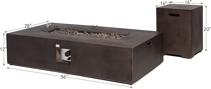 COSIEST 2-Piece Outdoor Propane Fire Table Set, Rectangle Concrete 56" x 28" Bronze Fire Pit (Certified, 50,000 BTU) w 20lb Tank Table, Wind Guard, Waterproof Cover for Garden, Porch, Backyard