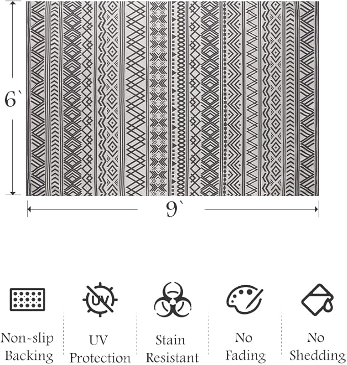 Outdoor Rug Carpet 6x9 ft, Flatweave Textured Outdoor Patio Rug Non Slip Indoor Outdoor Rugs with Rubber Particles Backing Boho Outdoor Area Rug for Patio Deck Front Porch Backyard Balcony