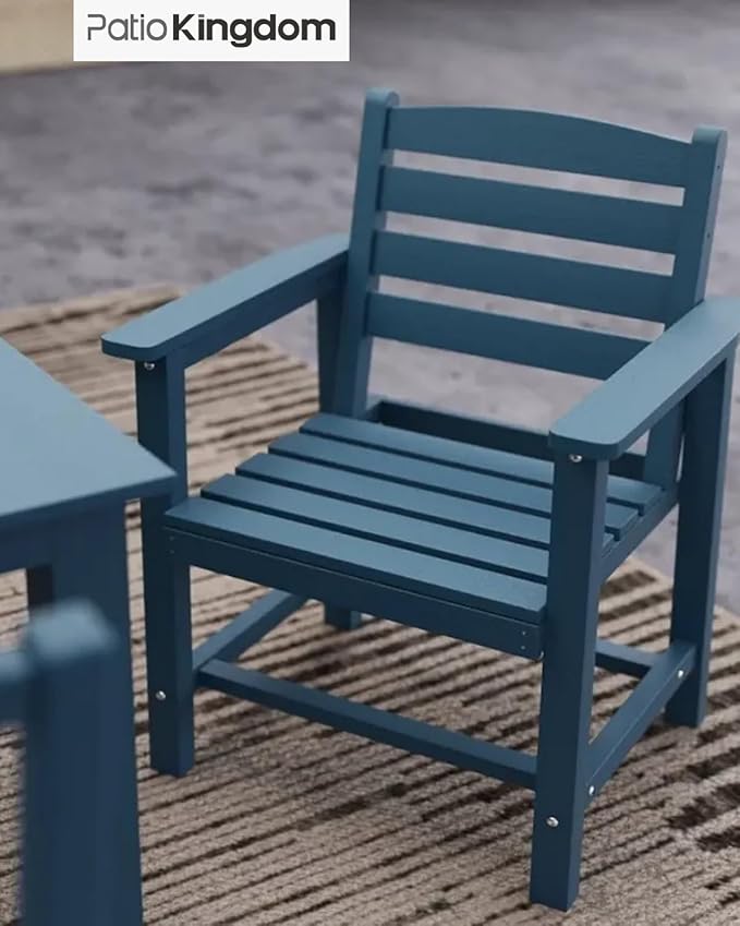 7-Piece Navy Blue HDPE Patio Table and Chairs Set, Weather Resistant Outdoor HDPE Dining Table Sets with Umbrella Hole for Lawn, Garden, Deck, Poolside, Balcony