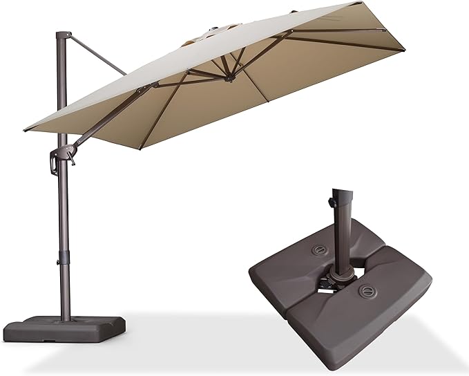 PURPLE LEAF 9' X 9' Patio Umbrella With Base Square Cantilever Umbrella Outdoor with 360° Rotation and Aluminum Offset Hanging for Pool Deck Garden Backyard, Beige