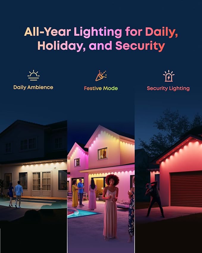 eufy Permanent Outdoor Lights S4, 3D Radar-Activated, 200ft with 144 LED Lights, Smart RGBWW for Halloween and Christmas Decorations, AI Light Themes, Music Mode, Matter Support, IP67 Waterproof