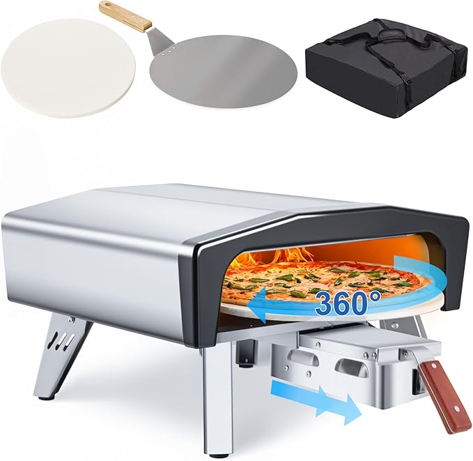 MELLCOM 20" Outdoor Gas Pizza Oven - Pull Out Handle & 360° Automatic Rotating Pizza Stone, Including Pizza Peel, Carry Bag, Portable Stainless Steel Propane Pizza Oven for Grill, Backyard and Camping