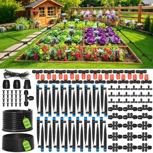 MIXC 300FT Drip Irrigation System Kit, Automatic Garden Misting Watering System with 100FT 1/2" & 200FT 1/4" Irrigation Tubing, Fitting, Adjustable Emitter for Greenhouse Lawn Raised Bed Potted Plant