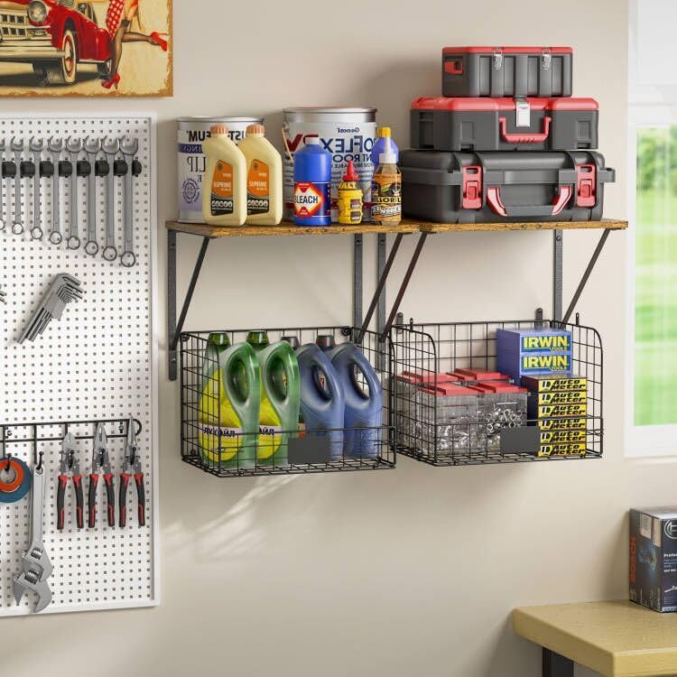 ThreeHio 2 Pack Garage Shelves Wall Mounted with Wire Storage baskets, Heavy Duty Garage Wall Shelving with Hooks, Wooden floating shelves Tool Organizer for Home Garden Garage Organizers and Storage