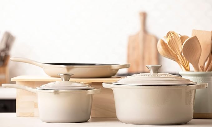 Larder & Vine 5-Piece Enameled Cast Iron Cookware Set - Includes 5.7 Quart Dutch Oven with Lid, 10.25 Inch Skillet, 2.2 Quart Saucepan with Lid (Stone)