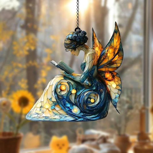 Reading Fairy Christmas Ornament Bookish Acrylic Suncatcher Stained Glass Effect Window Hanging for Book Lover Fantasy Reading Nook Decor Gift for Librarian Readers