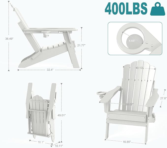 FOOWIN Adjustable Adirondack Chair, Folding Adirondack Chair with Cup Holder, HDPE All-Weather Fire Pit Chair with 3 Recline Positions, Suitable for Patio, Garden, Backyard, Poolside, Grey