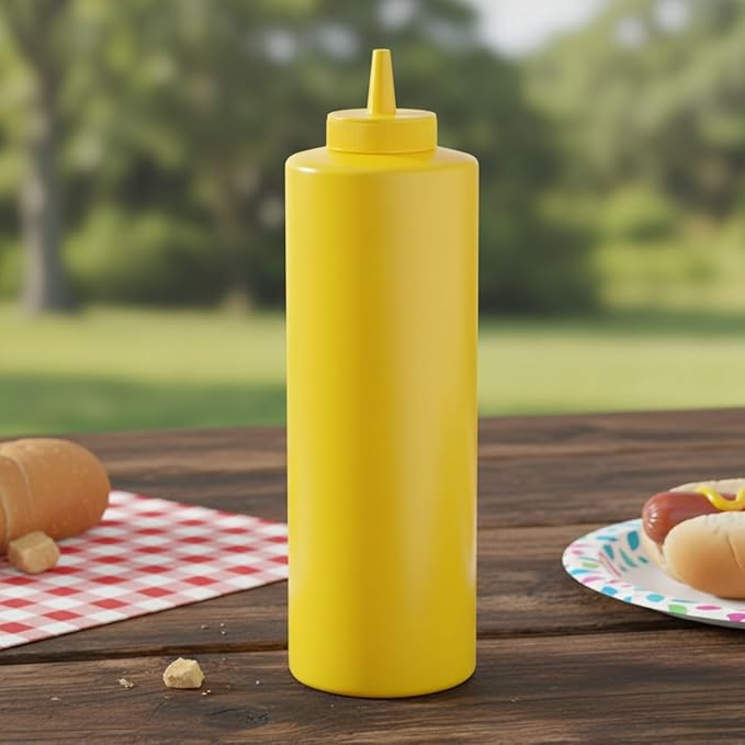 TrueCraftware- 24 oz Yellow Squeeze Condiment Wide Mouth Dispensing Bottles Set of 6- Plastic Squeeze Bottle For Sauces Spreads Ketchup Mustard Mayo Hot sauces and Olive oil