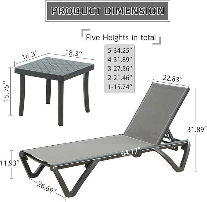 Domi Patio Chaise Lounge Chair Set of 3,Outdoor Aluminum Polypropylene Sunbathing Chair with 5 Adjustable Position,Side Table for Beach,Yard,Balcony,Poolside(2 Grey Chairs W/Table)