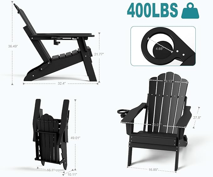 FOOWIN Adjustable Adirondack Chair, Folding Adirondack Chair with Cup Holder, HDPE All-Weather Fire Pit Chair with 3 Recline Positions, Suitable for Patio, Garden, Backyard, Poolside, Grey