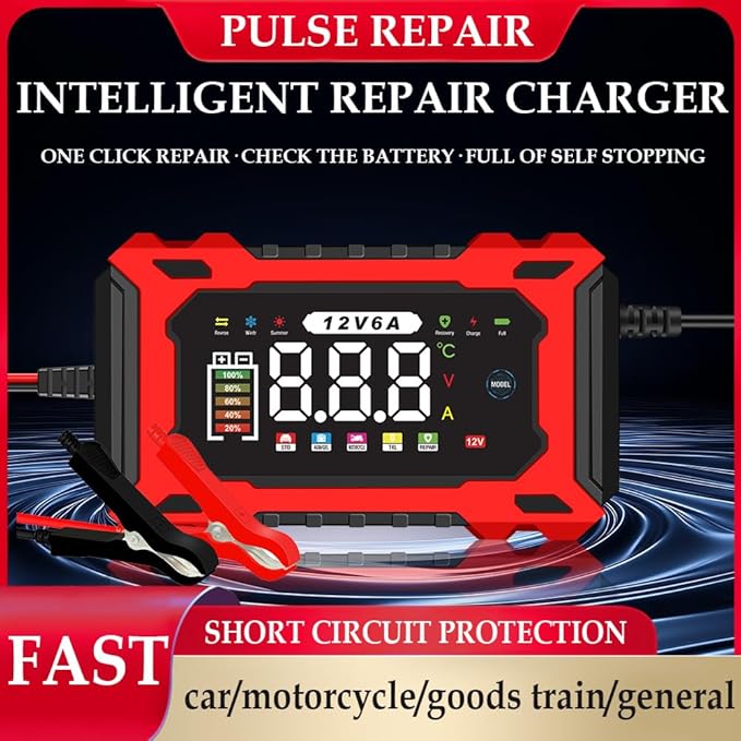 12V 6A Smart Battery Charger - Automotive Car/Motorcycle 12V Lead-Acid Battery Charger with LCD, Pulse Repair & Overcharge Protection (Green)