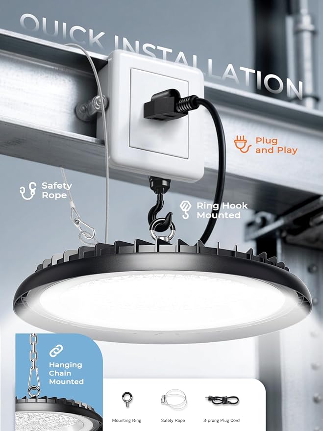New Ultra-Thin Super Bright 200w Ufo Led High Bay Light | 30000LM 5000K High Bay Led Shop Lights With 5ft Cable Hook Safe Rope| Shop&Garage Lighting lights For Factory Workshop Warehouse Garage Barn