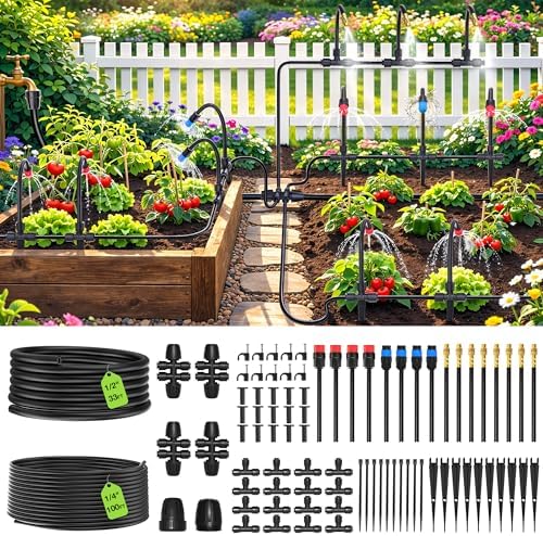MIXC 2026-Upgrade 360° Adjustable Drip Irrigation System Kit, 133FT Bendable Watering Misting System with 3 Spray Nozzle Types, 1/2" (33FT) & 1/4" (100FT) Tubing for Garden Raised Bed Lawn Greenhouse