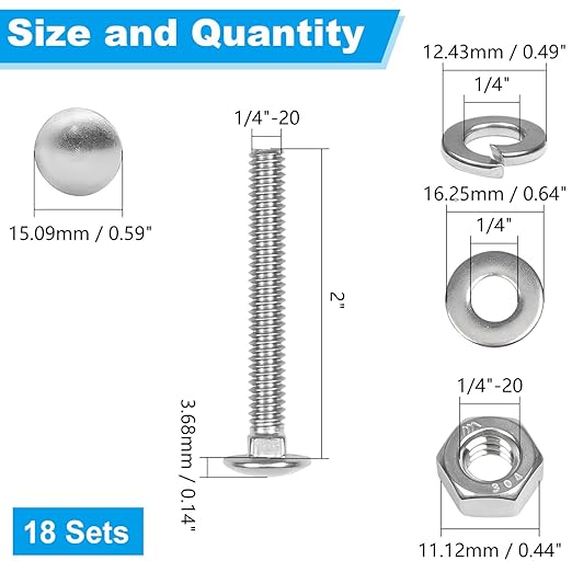 Yinpecly 18 Sets 1/4-20 x 2 Carriage Bolts Screws, 304 Stainless Steel Round Head Square Neck Carriage Bolts and Nuts Kit, with Flat & Lock Washers, Full Thread Coverage