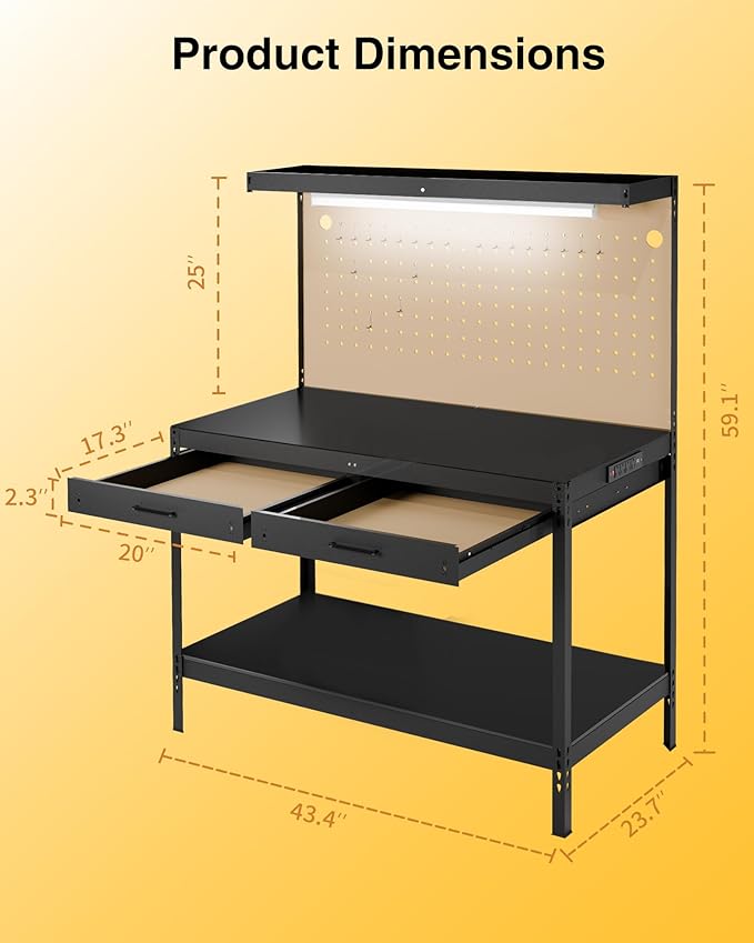 Work Bench, Work Benches for Garage, Work Table, A3 Steel 600LBS Capacity Workbench for Garage Tool Storage Workshop Basement, Tool Table Bench