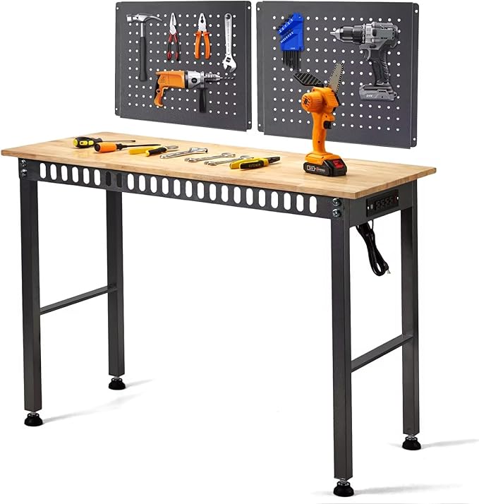 48 "Workbench with Power Outlet,Two Activity Pegboard,Heavy Duty 2000 LBS Load Capacity Hardwood Workbench Suitable for Workshop, Office, Garage, Home