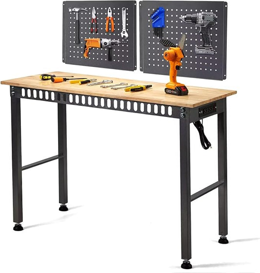 48 "Workbench with Power Outlet,Two Activity Pegboard,Heavy Duty 2000 LBS Load Capacity Hardwood Workbench Suitable for Workshop, Office, Garage, Home