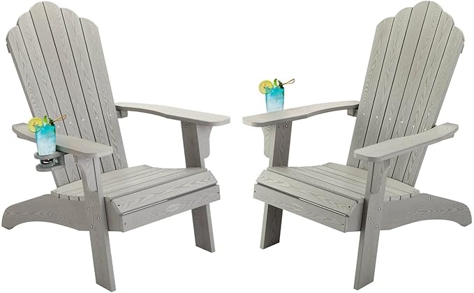 hOmeHua Oversized Adirondack Chairs Set of 2, HIPS Adirondack Chairs Weather Resistant with Cup Holder, Plastic Outdoor Chair for Patio, Backyard Deck, Fire Pit Lawn Porch (Grey)