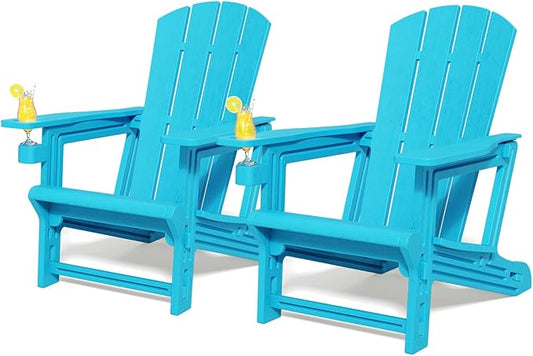 Adirondack Chairs Set of 2,Adirondack Chair with Cup Holder,Wooden Textured Plastic Fire Pit Chair,All-Weather Outdoor Patio Chairs for Lawn,Backyard Deck, Porch,400LBS Heavy-Duty,Sky Blue