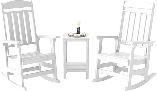 FOOWIN 3-Piece Outdoor Rocking Chairs Set, High Back Patio Rocker with Side Table, HDPE All Weather Resistant Oversized Rocking Chairs for Indoors, Porch, Patio, Backyard, White