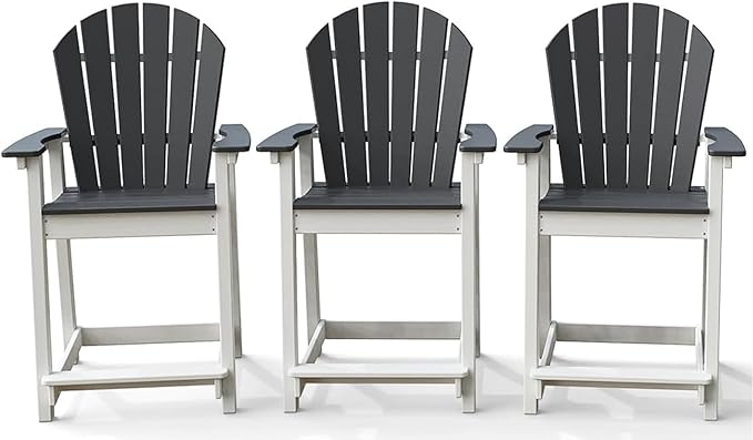 OTSUN Tall Adirondack Chairs Set of 3, Outdoor Balcony Chair, Patio Bar Stool Chair with Widened Arms, High Back, Footrest, 400lbs, All-Weather Bar Chairs for Garden, Yard, Backyard