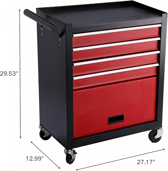 4 Drawers 1 Cabinet Rolling Tool Box on Wheels, Trolley Organizer Tool Cart Tool Chest, Multifunctional Tool Storage Tool Case for Workshop,Garage,Repair Shop(4 Drawers-29.5"H-Black&Red)