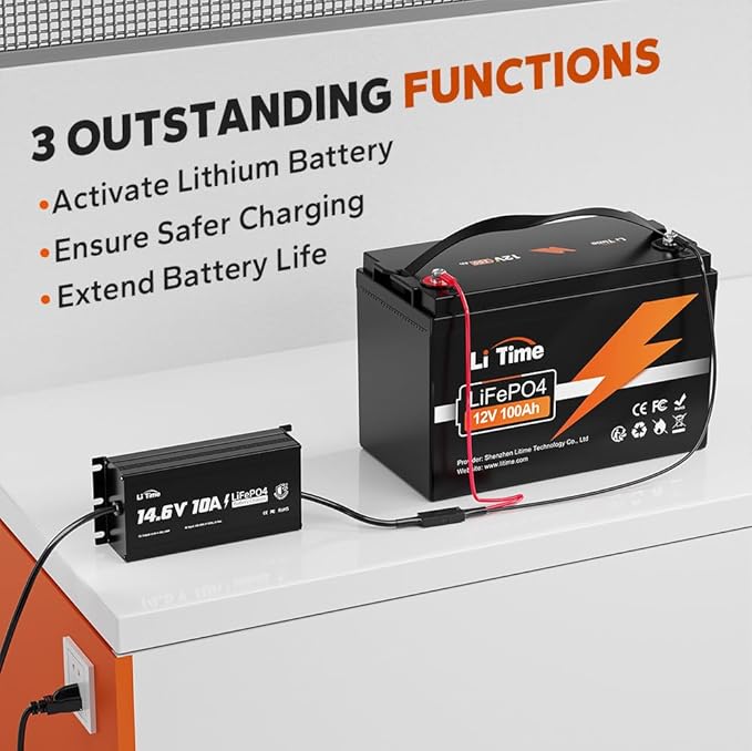LiTime IP65 Waterproof 14.6V 10A LiFePO4 Onboard Charger, Fast Charging, 4 Safety Protections, Better Charging Performance, Extend Lithium Batteries Life, with LED Indicator, Outdoor & Marine Use