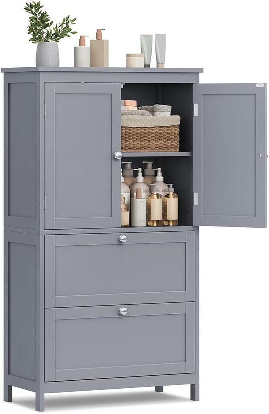 VASAGLE Floor Storage Cabinet, Freestanding Storage Unit with 2 Drawers and 2 Doors, Adjustable Shelf, 11.8 x 23.6 x 43.3 Inches, for Entryway, Bathroom, Dove Gray UBBC551G02