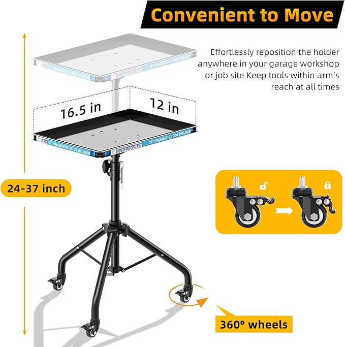 Rolling Tool Cart Adjustable Height Mechanics Tool Table with Magnetic Holders Durable Metal Tray 360° Swivel Casters Multi-Functional Tool Cart on Wheels Organizer for Garage Workshop Home Use