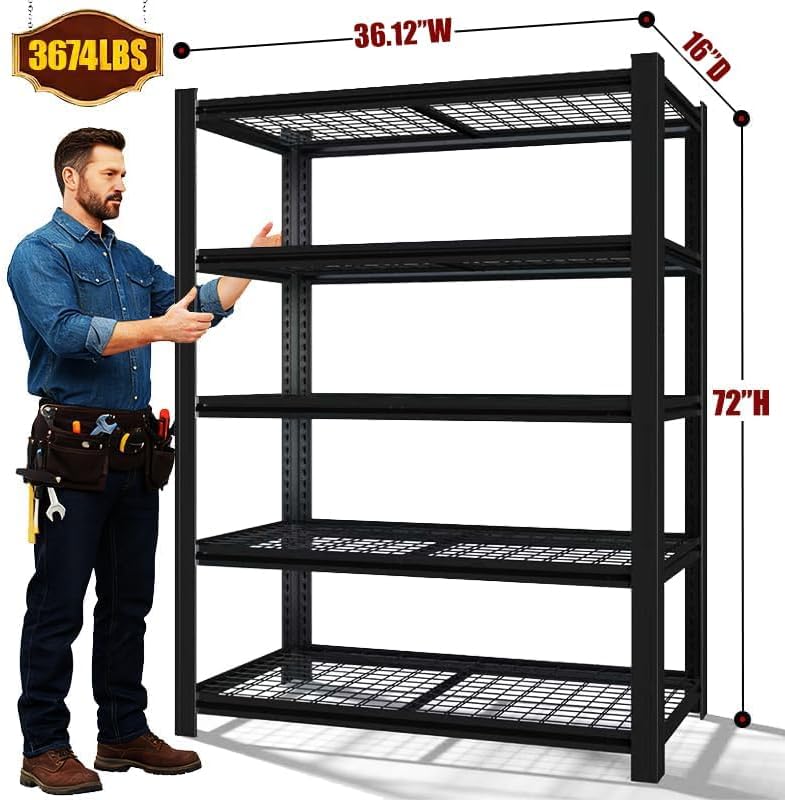 72" H x 36.12" W x 16" D Instrial 5-Heavy-Duty-Shelf Storage-Rack Adjustable Shed Shelving Metal Shelves Steel (Wire) Garage Bin Shelving Unit-s Organizer System for Basement/Kitchen, Black